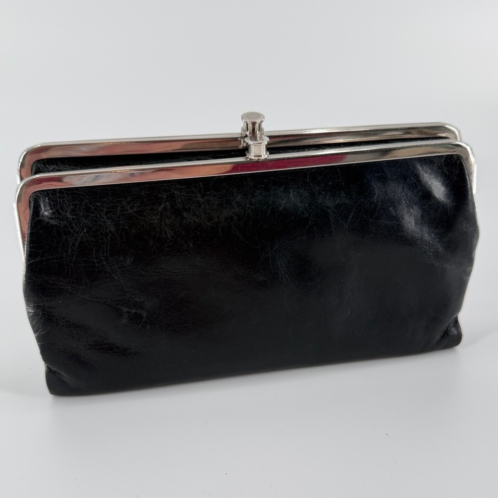 Vintage HOBO Lauren Black Leather Clutch Wallet Double Frame Kiss Lock Organizer